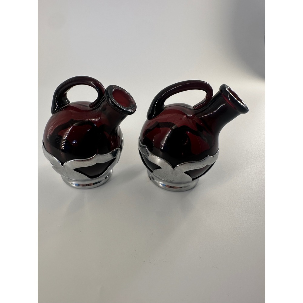 Vintage Farber Bros Krome Kraft Amethyst‎ Glass Decanter Cruet Set Art Deco 2pc